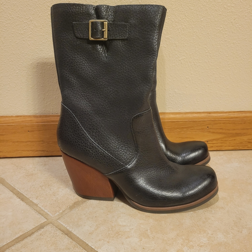 Kork-Ease Black Heeled Boots with Tan Sole